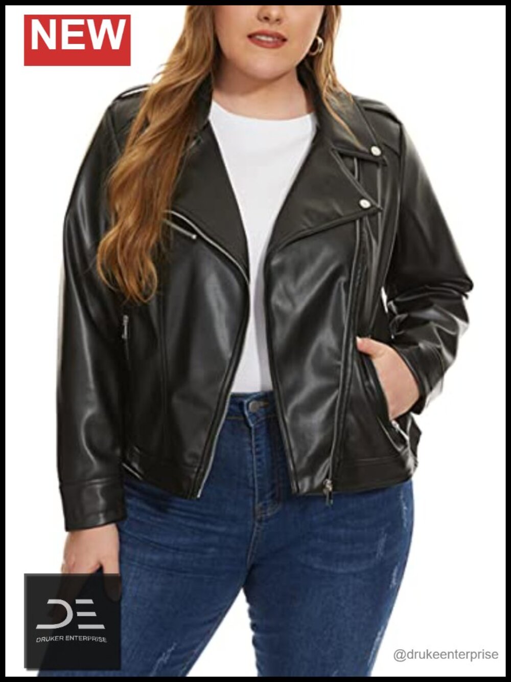 Faux Leather Zip Up Moto Biker Jacket Fitted Plus Size Coat